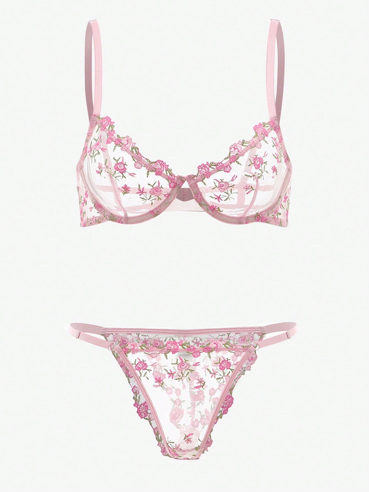 Embroidery Sheer Mesh Underwire Lingerie Set