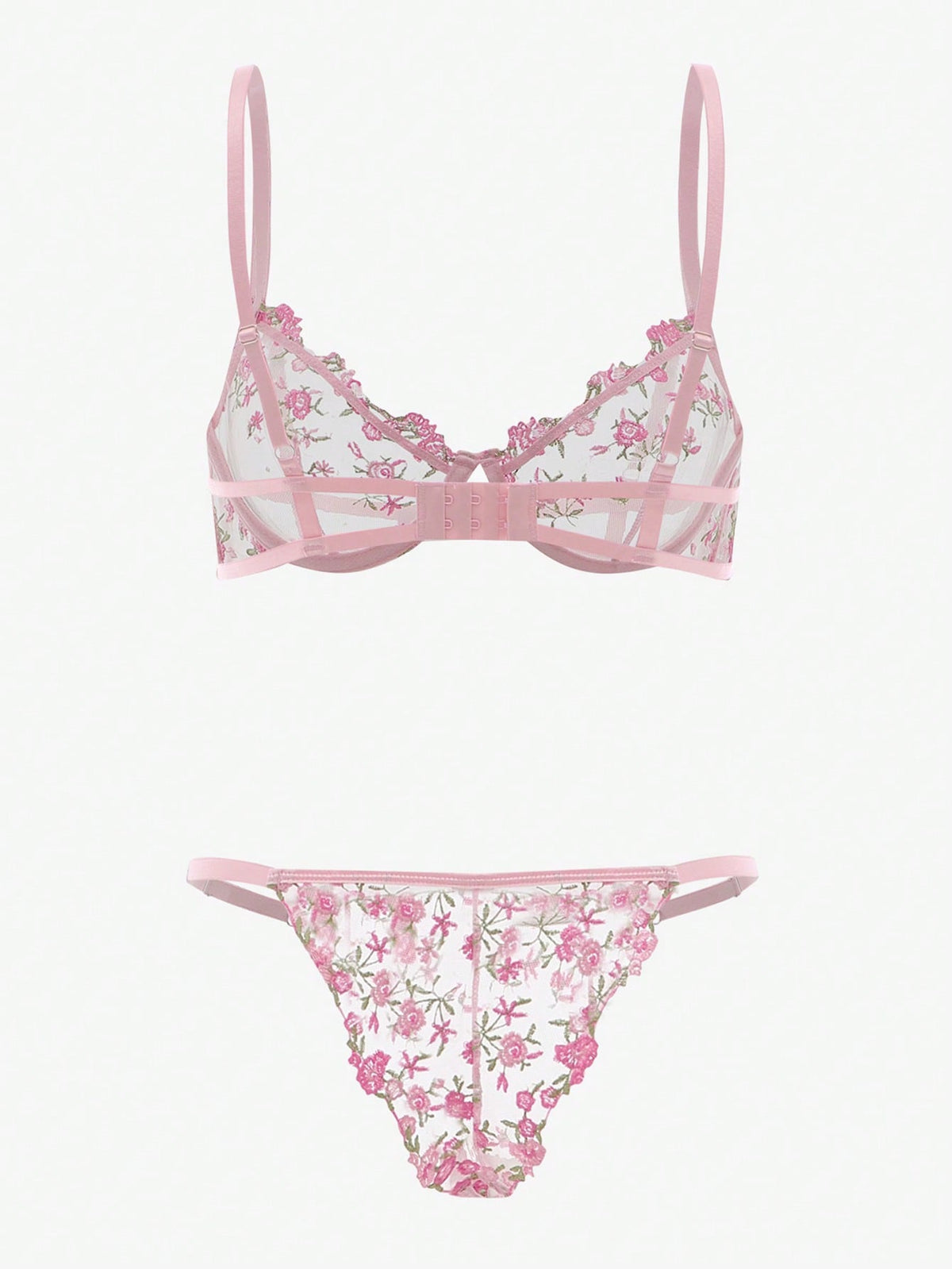 Embroidery Sheer Mesh Underwire Lingerie Set