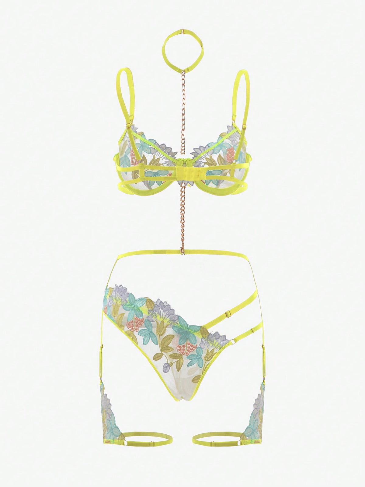Floral Embroidery Mesh Underwire Garter Lingerie Set