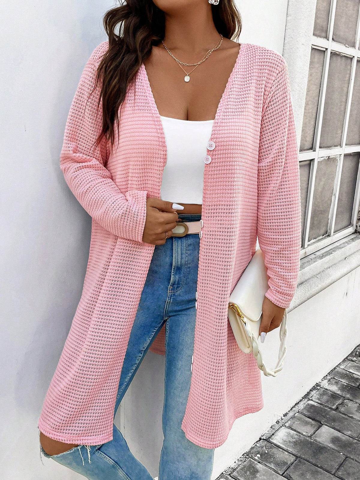 Plus Solid Button Front Waffle Knit Coat