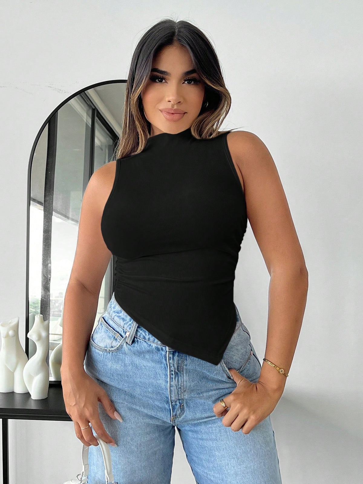 SXY Mock Neck Asymmetrical Hem Tank Top