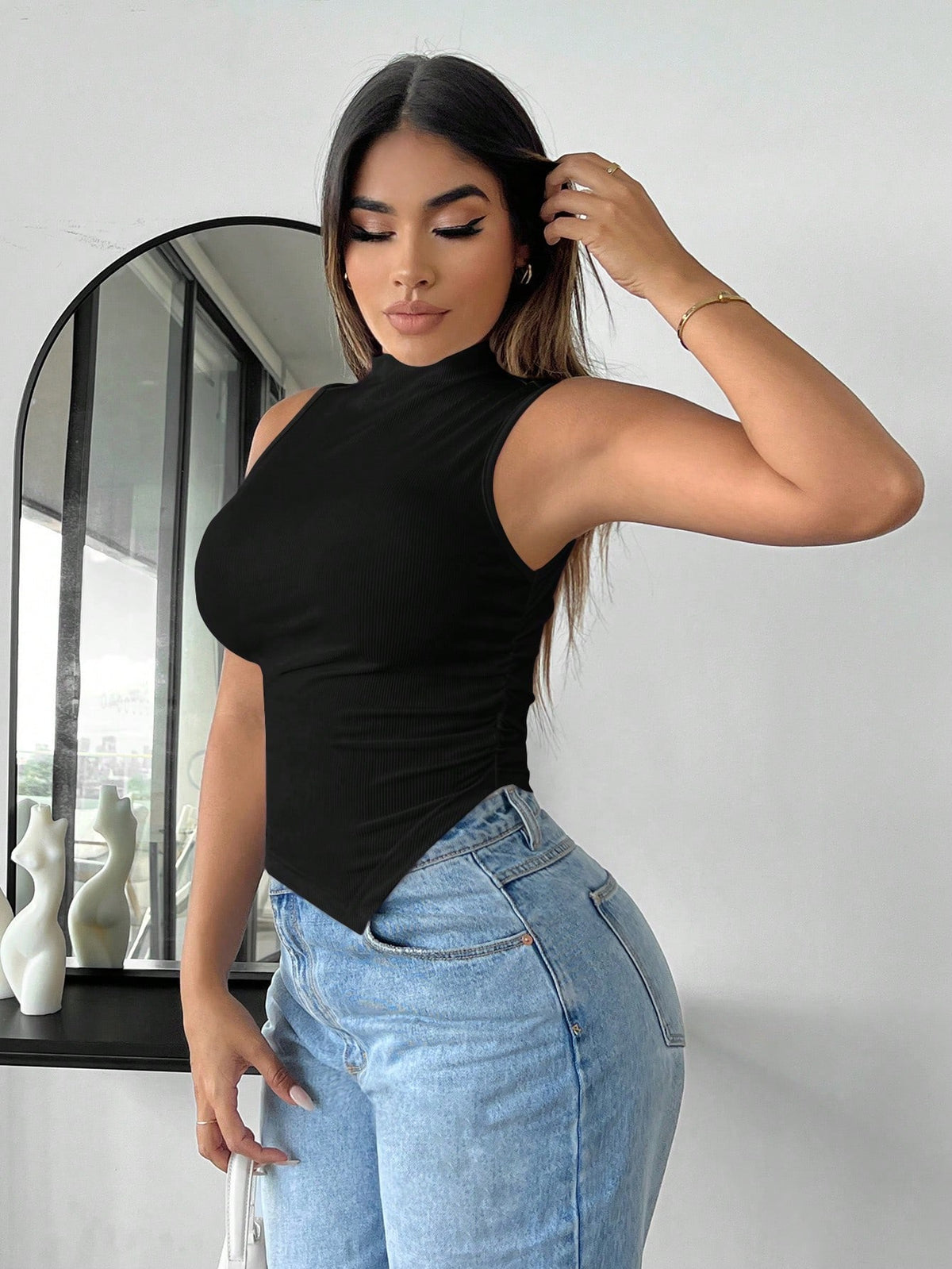 SXY Mock Neck Asymmetrical Hem Tank Top