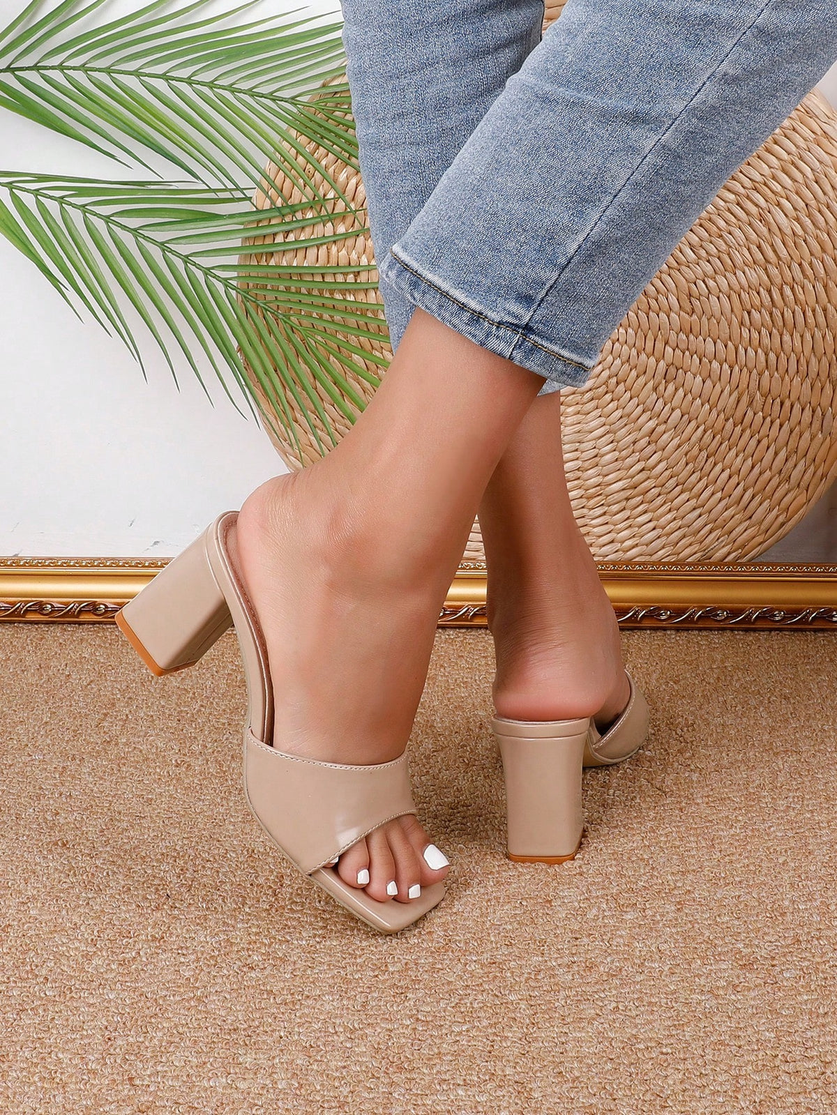 Elegant Mule Sandals For Women, Crocodile Embossed Chunky Heeled Sandals