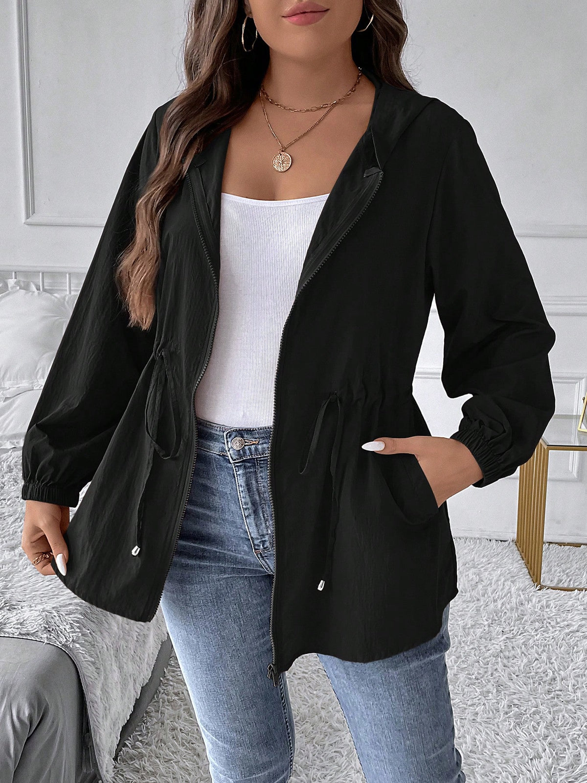 LUNE Plus Drawstring Waist Zip Up Hooded Coat