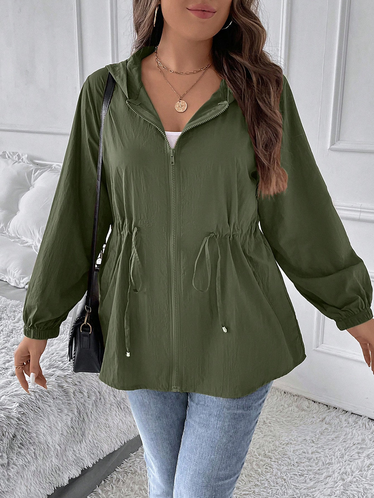 LUNE Plus Drawstring Waist Zip Up Hooded Coat