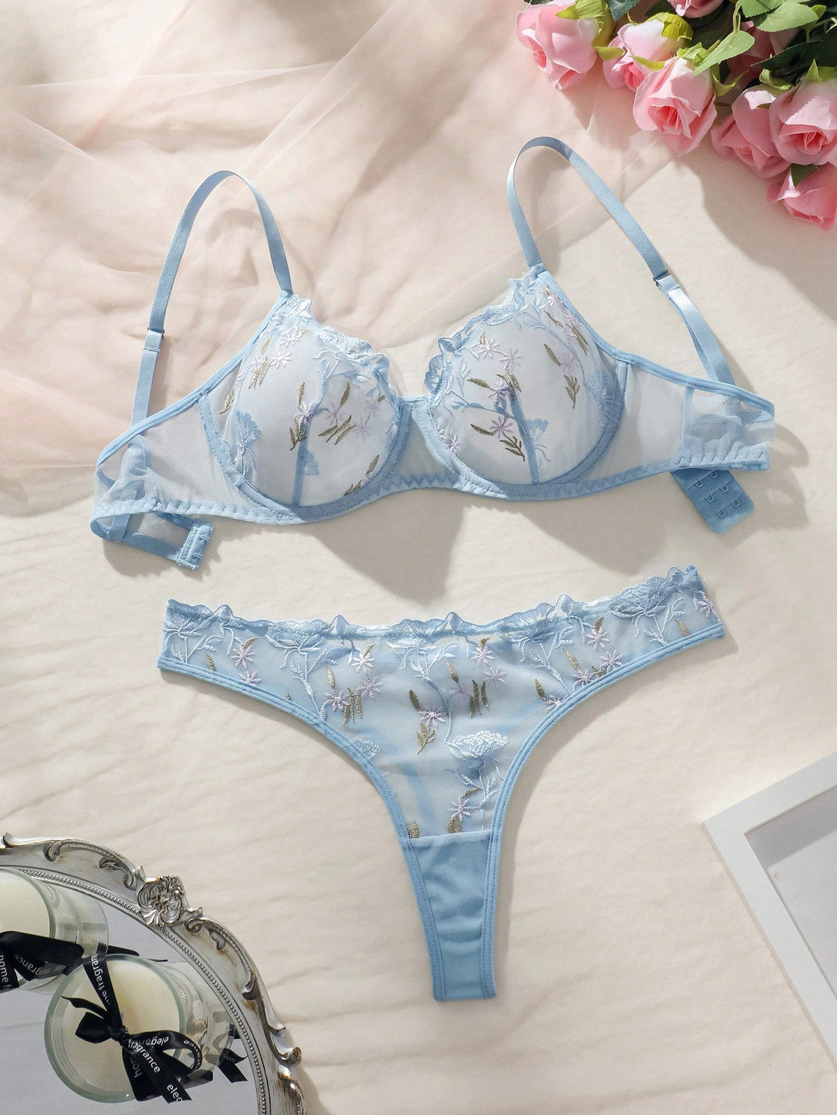 Floral Embroidery Mesh Underwire Lingerie Set