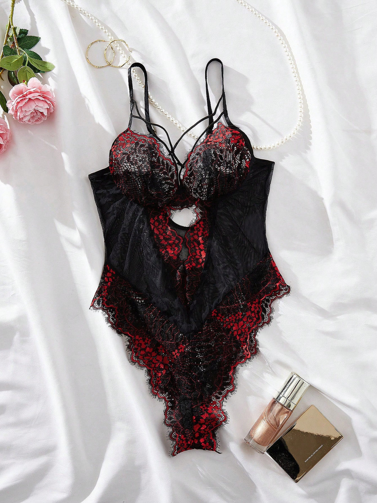 Contrast Lace Harness Underwire Teddy Bodysuit