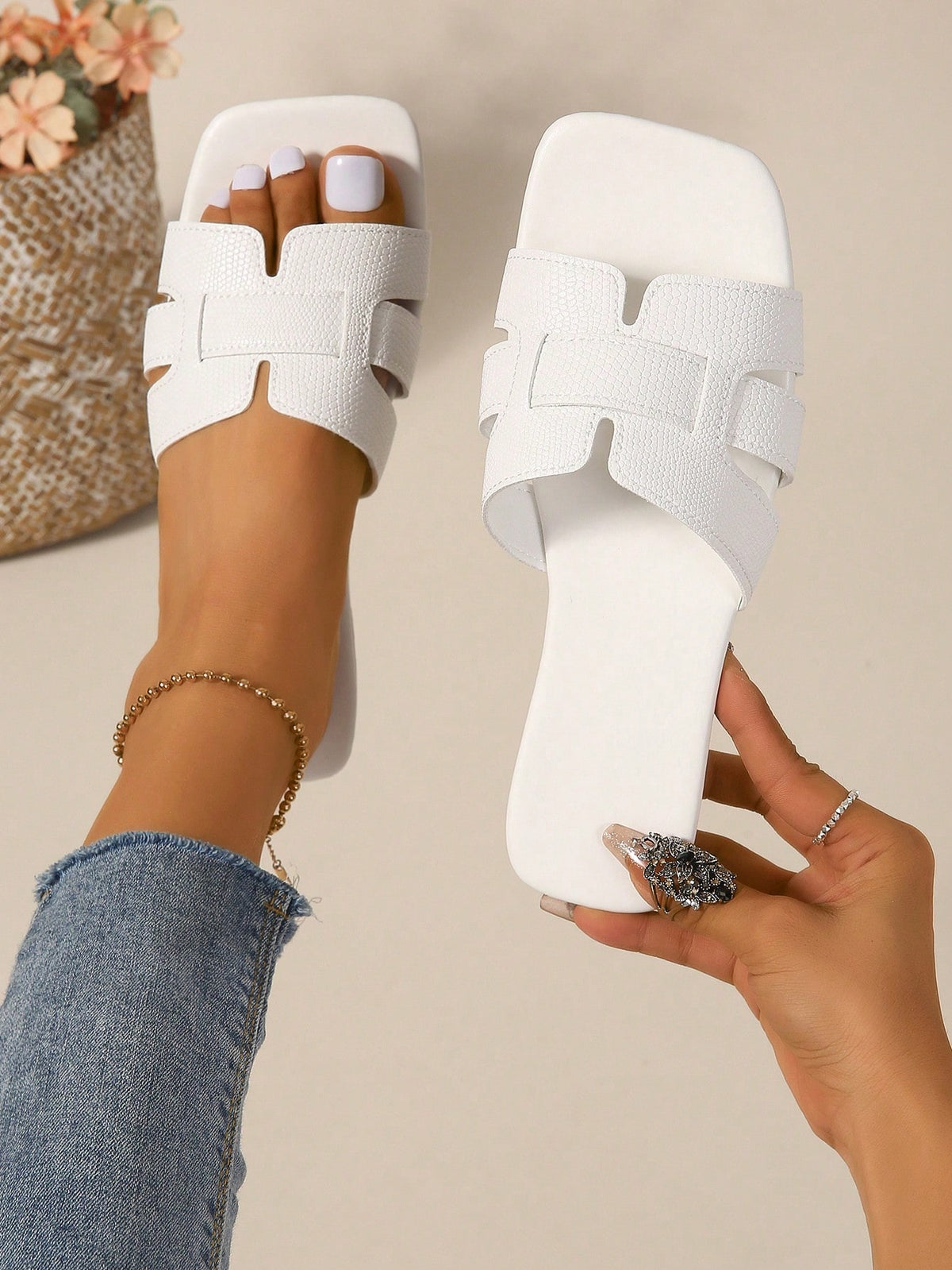 Women Black Snakeskin Embossed Slide Sandals, Elegant Open Toe Sandals