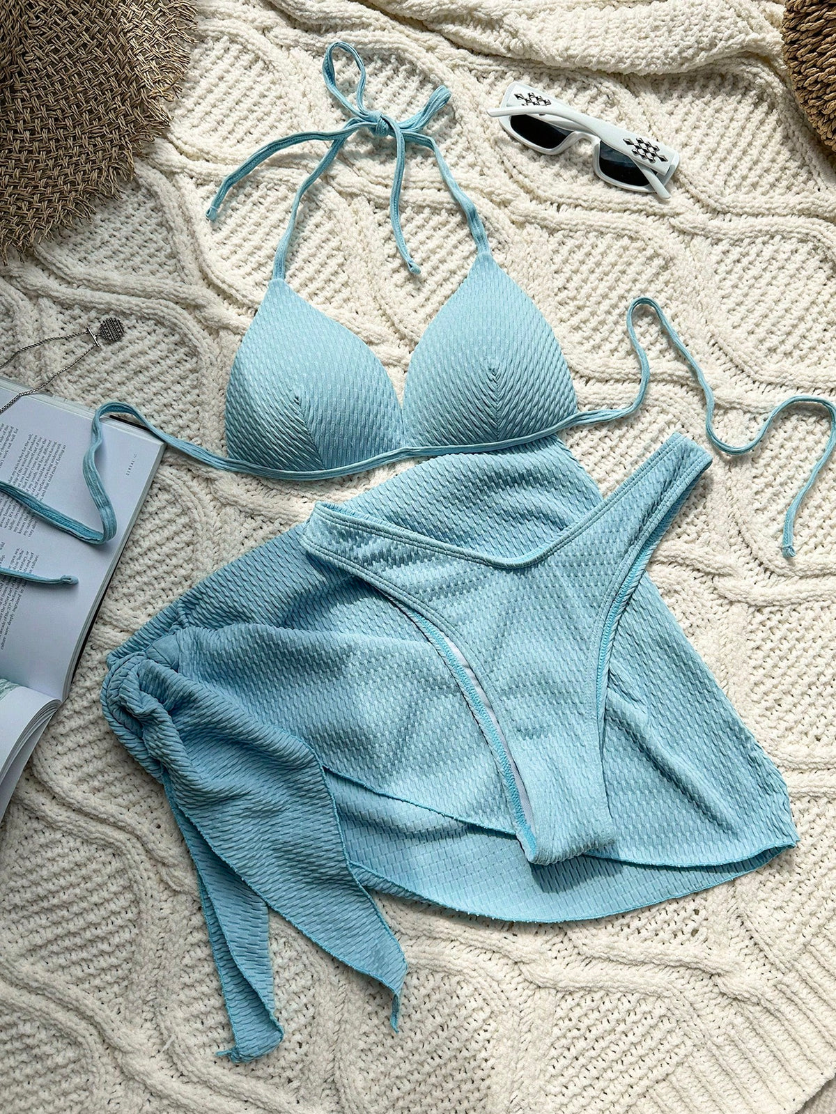 Swim Basics Textured Bikini Set Push Up Bra & Bikini Bottom & Cover Up 3 Piece Swimsuit
