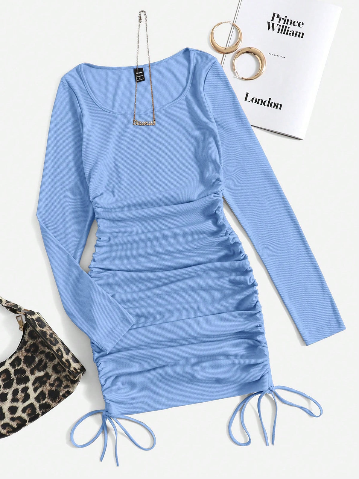 EZwear Scoop Neck Drawstring Side Bodycon Dress