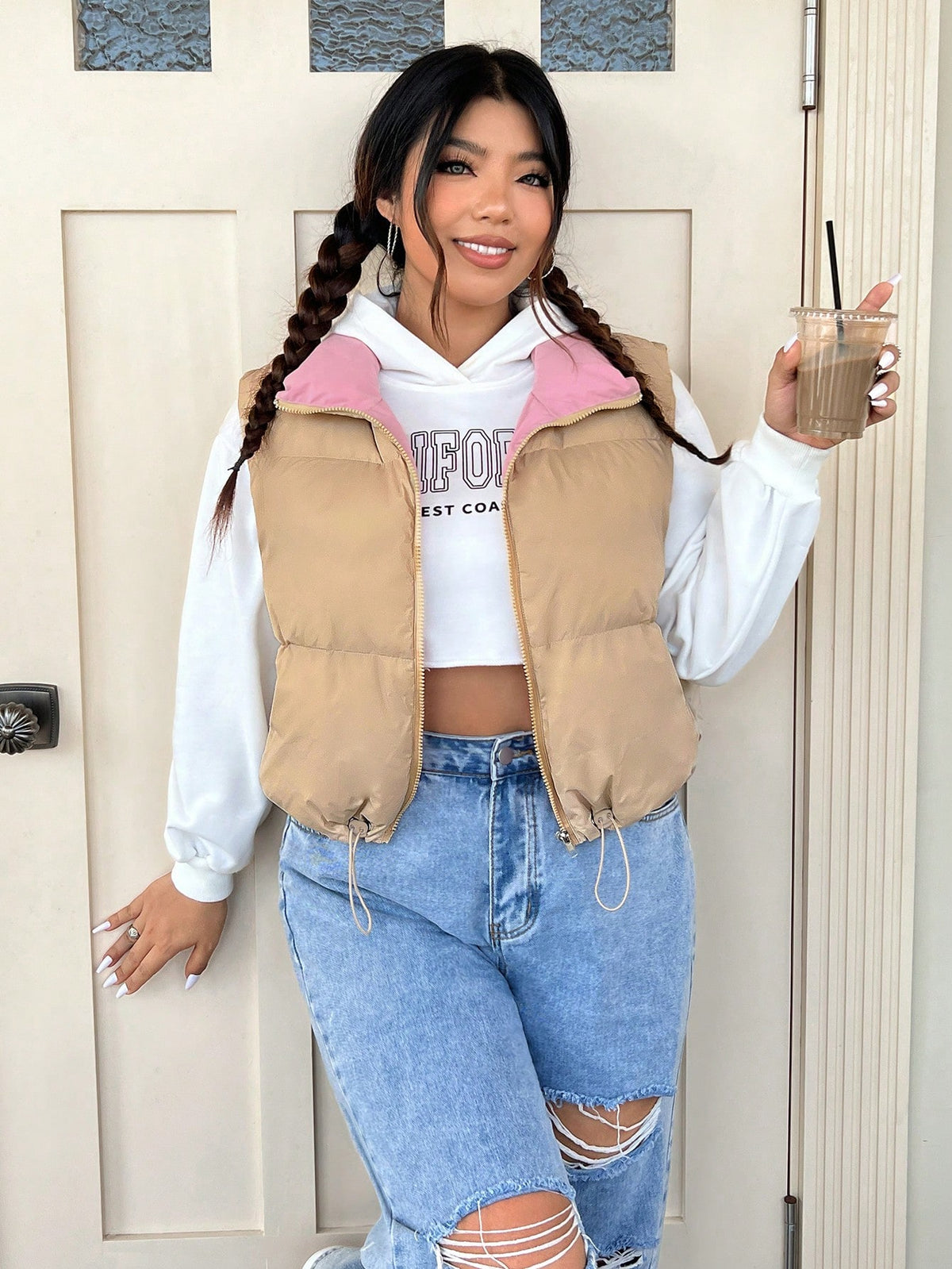 Qutie Plus Drawstring Hem Zipper Vest Puffer Coat