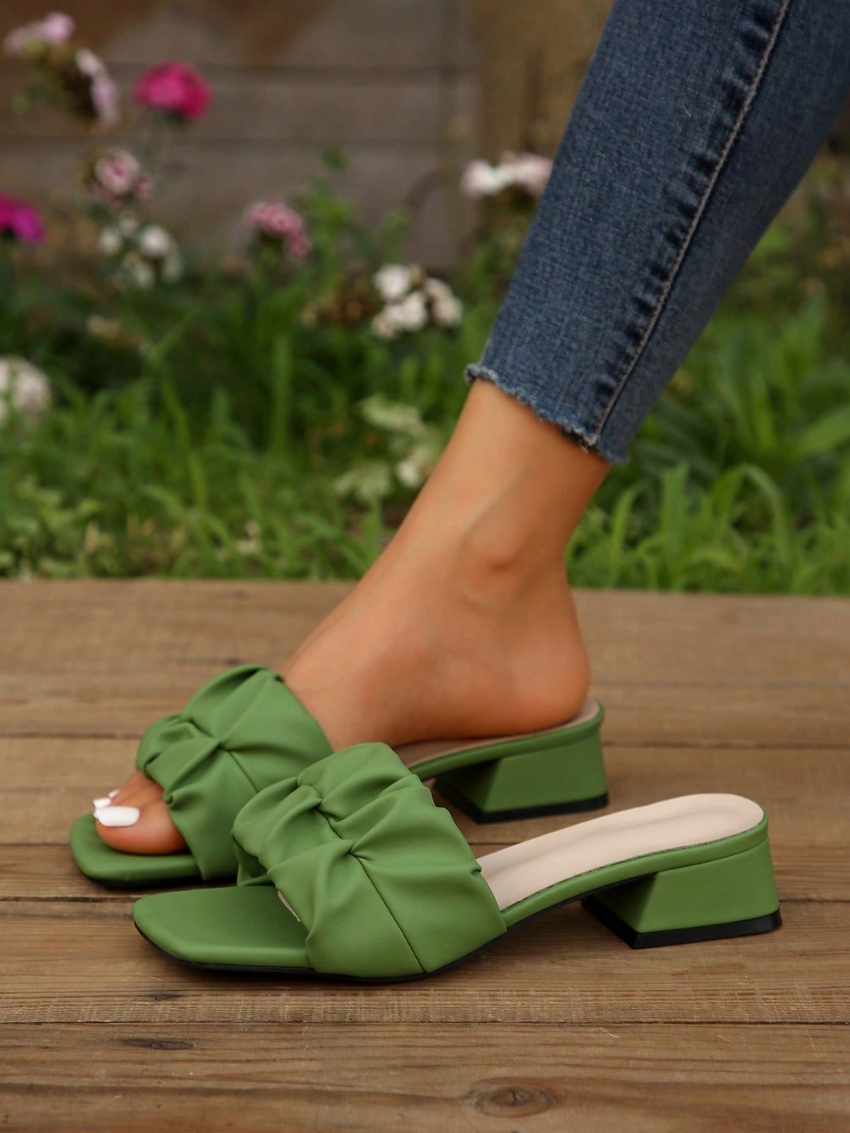 Women Ruched Single Band Heeled Sandals, Chunky Heeled Elegant Mule Sandals For Outdoor