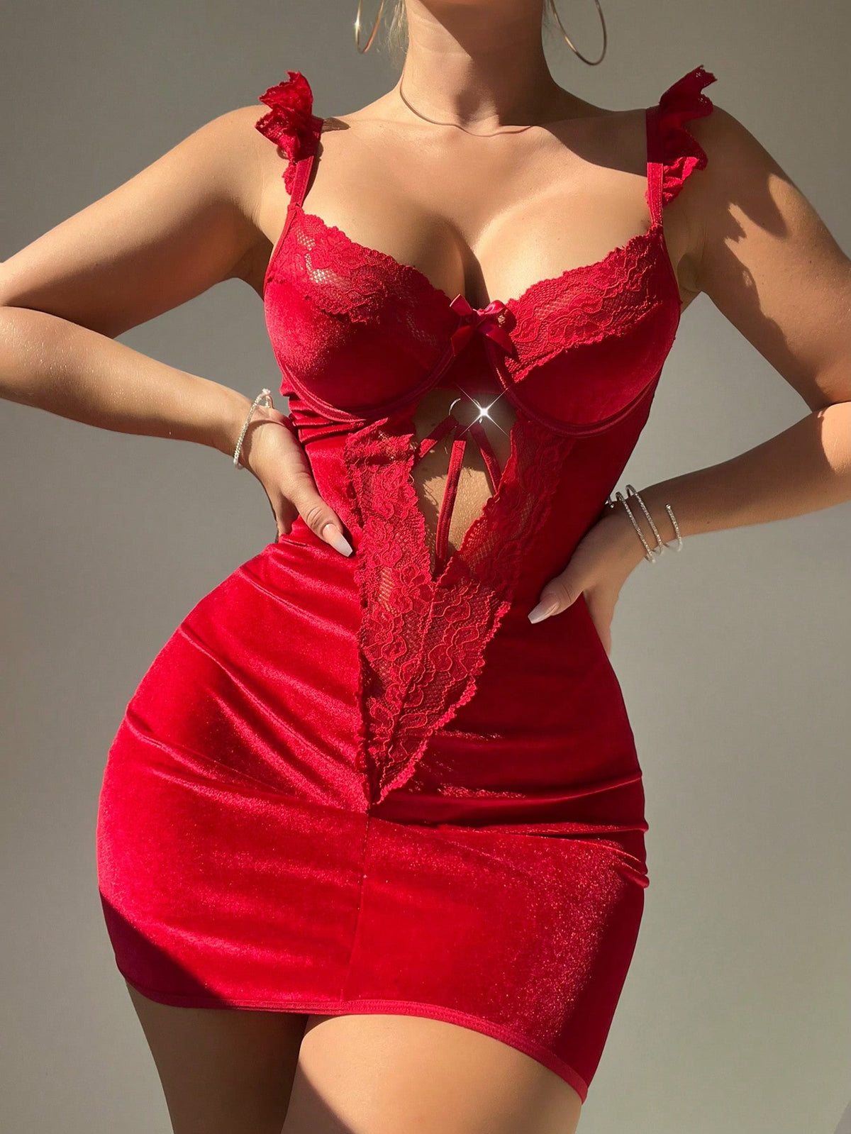 Contrast Lace Cut Out Ruffle Trim Underwire Bodycon Dress