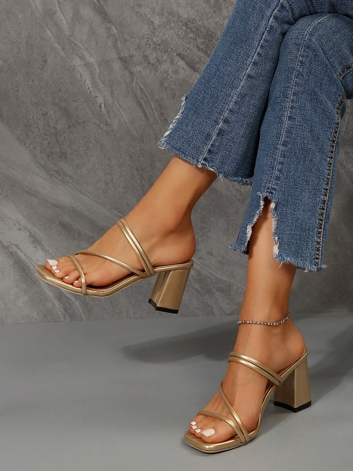 Women Thin Strap Chunky Heeled Mule Sandals, Elegant Summer Heeled Sandals