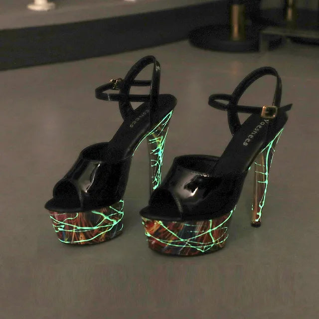 Patent Leather Stiletto High Heels Women Platform Sandals Super High Pumps Fluorescence Punk Sandals Pole Dancing Shoe Women45